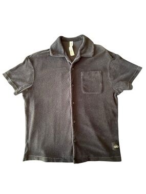ALO Yoga Men's Black Short-Sleeve Terry Button-Down Shirt